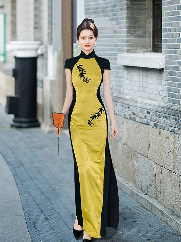 

Новая китайская национальная модная одежда: бамбуковый узор, длинный рукав, высокий воротник, круглый подол, вышивка, повседневная летняя одежда