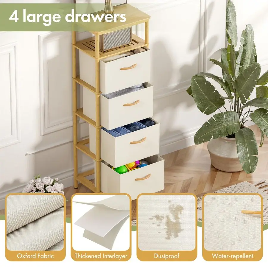 丈夫な竹製の背の高いドレッサー、狭いスペースの収納に最適な細長いドレッサー、4つの大きな防水生地の引き出し、小さなドレッサー、寝室用