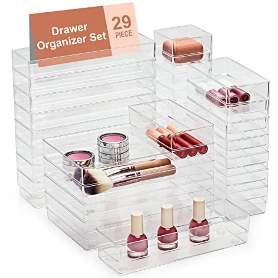 

29-Piece Drawer Organizer with Non-Slip Silicone Pads, 4-Size Desk Drawer Organizer Trays Storage Tray for Makeup, Jewelries, U