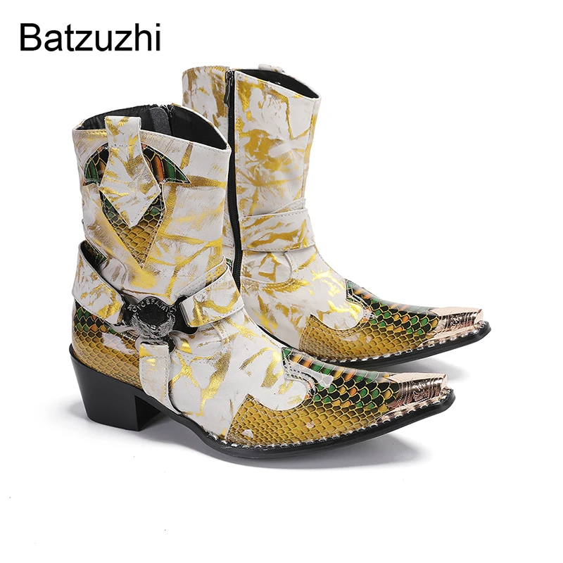 Batzuzhi 6.5cm Heels High Fahion Gold Leather Ankle Boots Men Pointed Iron Toe Western Cowboy/Party Boots Man! Big Sizes 38-46