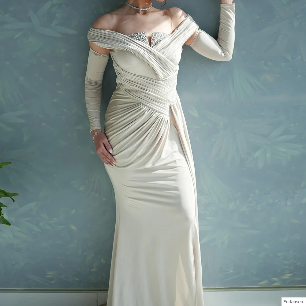 Vestidos de Noche acampanados personalizados, vestido de fiesta de manga larga hasta el suelo con hombros descubiertos, vestido de fiesta drapeado plisado de cristal a la moda
