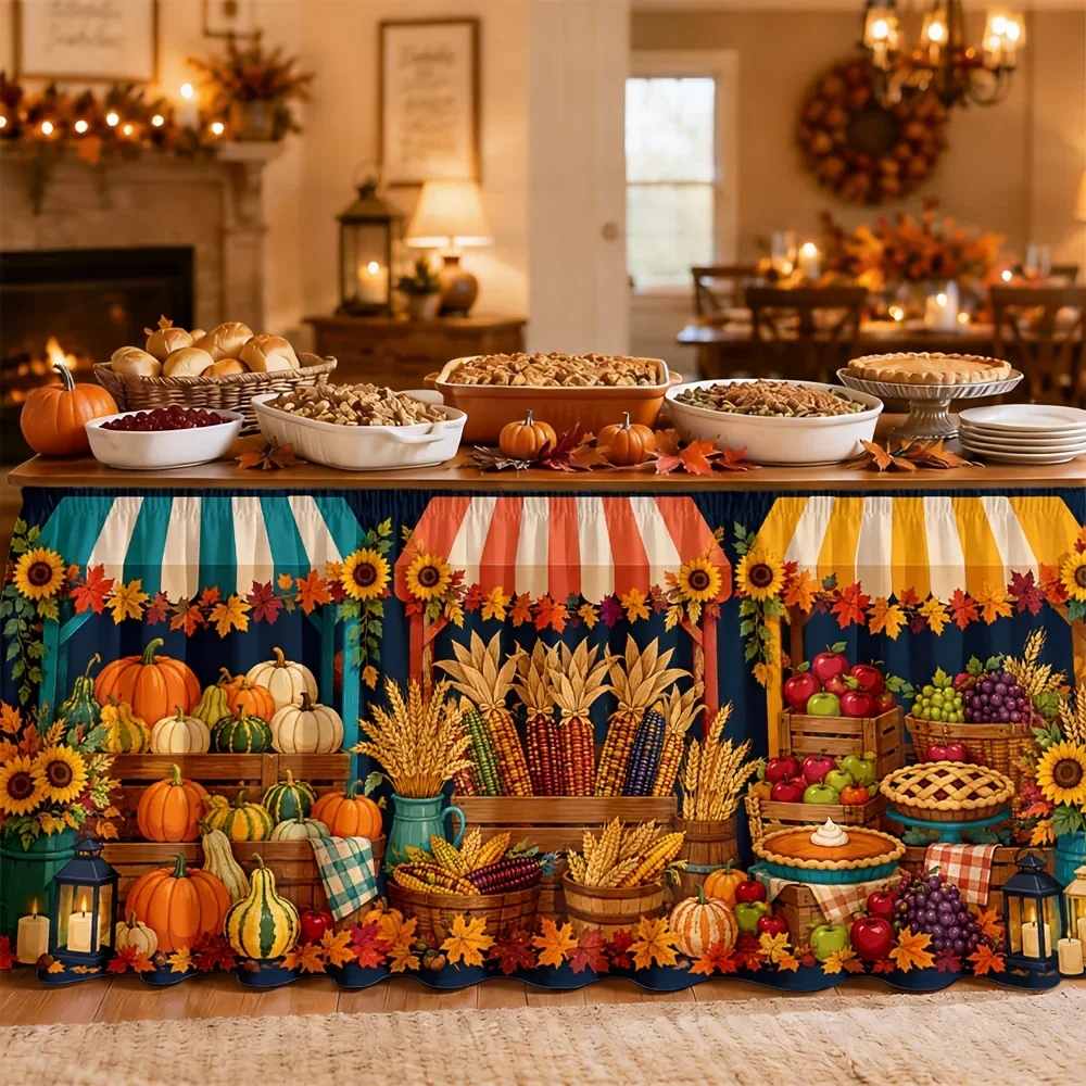 Party table skirt [1 piece] Autumn Harvest Market print polyester rural style comfortable and cozy