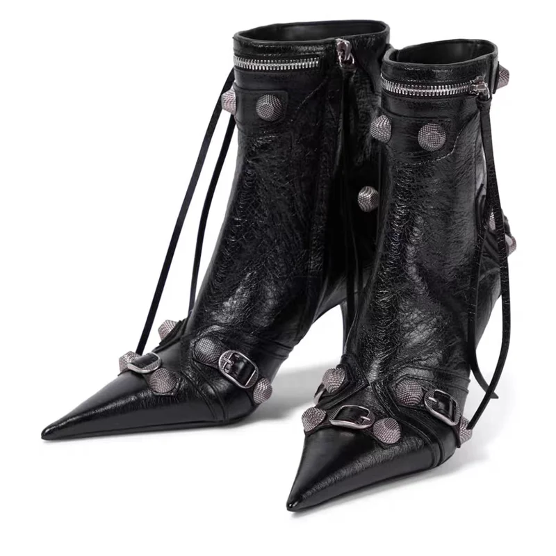 Pointed Toe Rivets Women\'s Ankle Boots New Autumn Metal Decoration 5cm High Heel Bare Boots Tassel Belt Buckle Side Zipper Boots