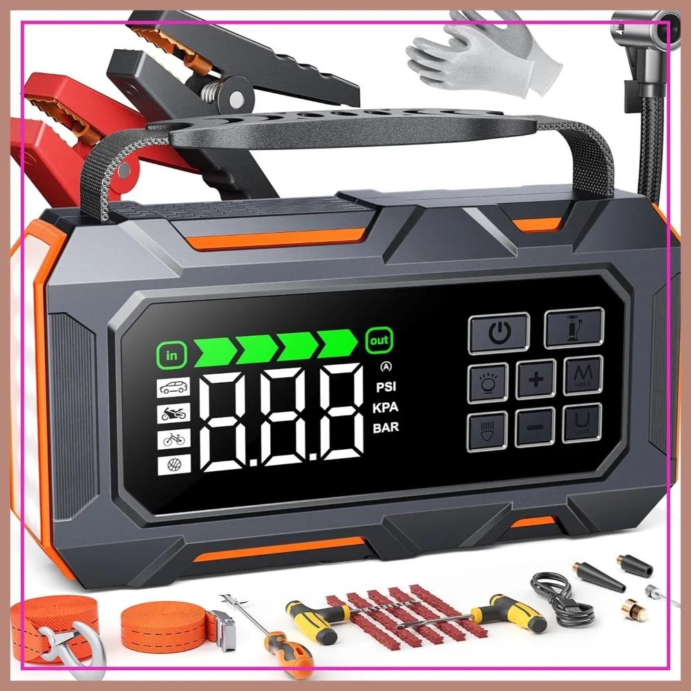 

16-in-1 8000A Jump Starter with Air Compressor 160PSI, Tire Inflator, Cables, Gloves, Tow Rope for All Gas & 12L Diesel