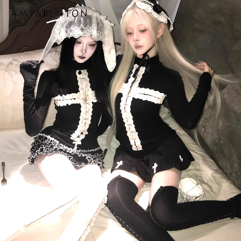 

Halloween Original Design Gothic Lace Splicing Long Sleeve Women's Top Autumn New Punk Dark Sweet Cool Cake Skirt Set Ladies