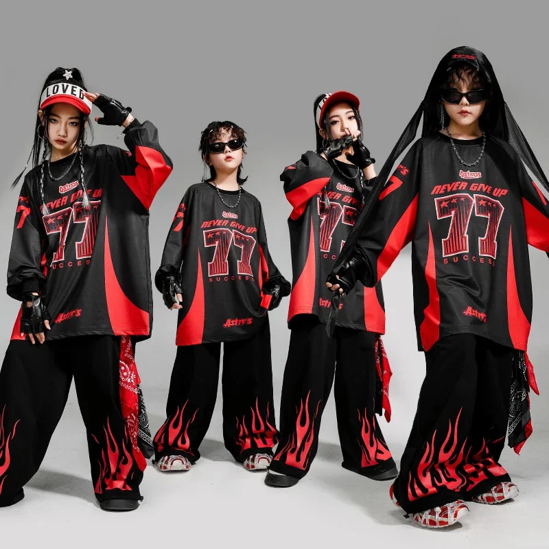 

Костюм в стиле хип-хоп для девочек и мальчиков, черный, красный, пламя, сценическая одежда, одежда для джазовых танцев, вечерние, уличная танцевальная одежда XH2099