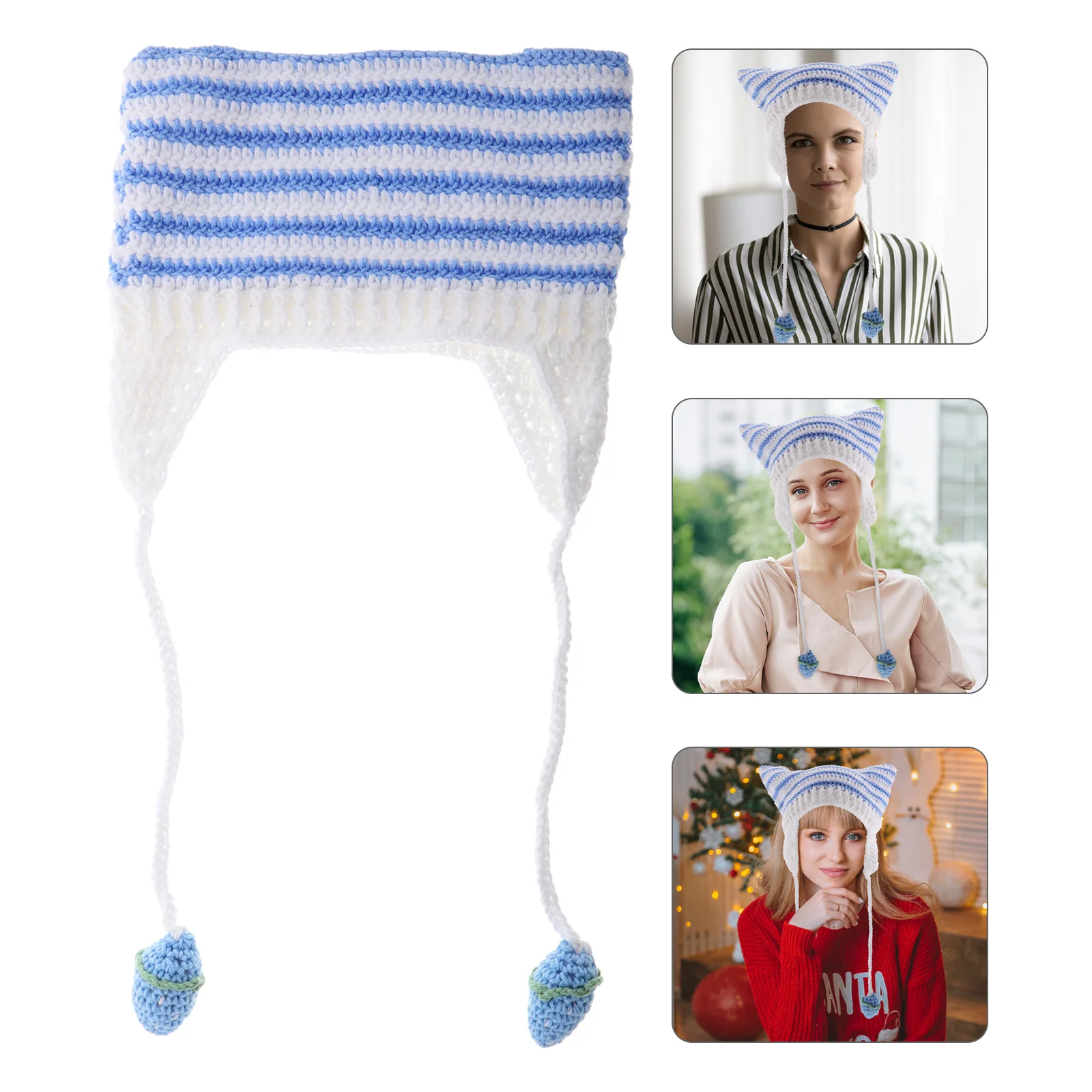 

Cute Striped Cat Ear Beanie Hat Knitted Soft Earflap Warm Winter Cap For Women Fashionable Student Unisex Crochet Woolen