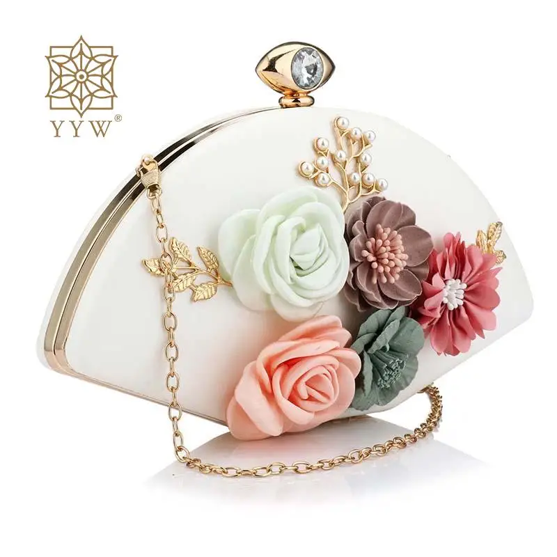 

Elliptical Wedding Party Bags Women Floral Pearl Dinner Clutch Wallet Diamond Crystal Bride Evening Purse Chain Shoulder Handbag