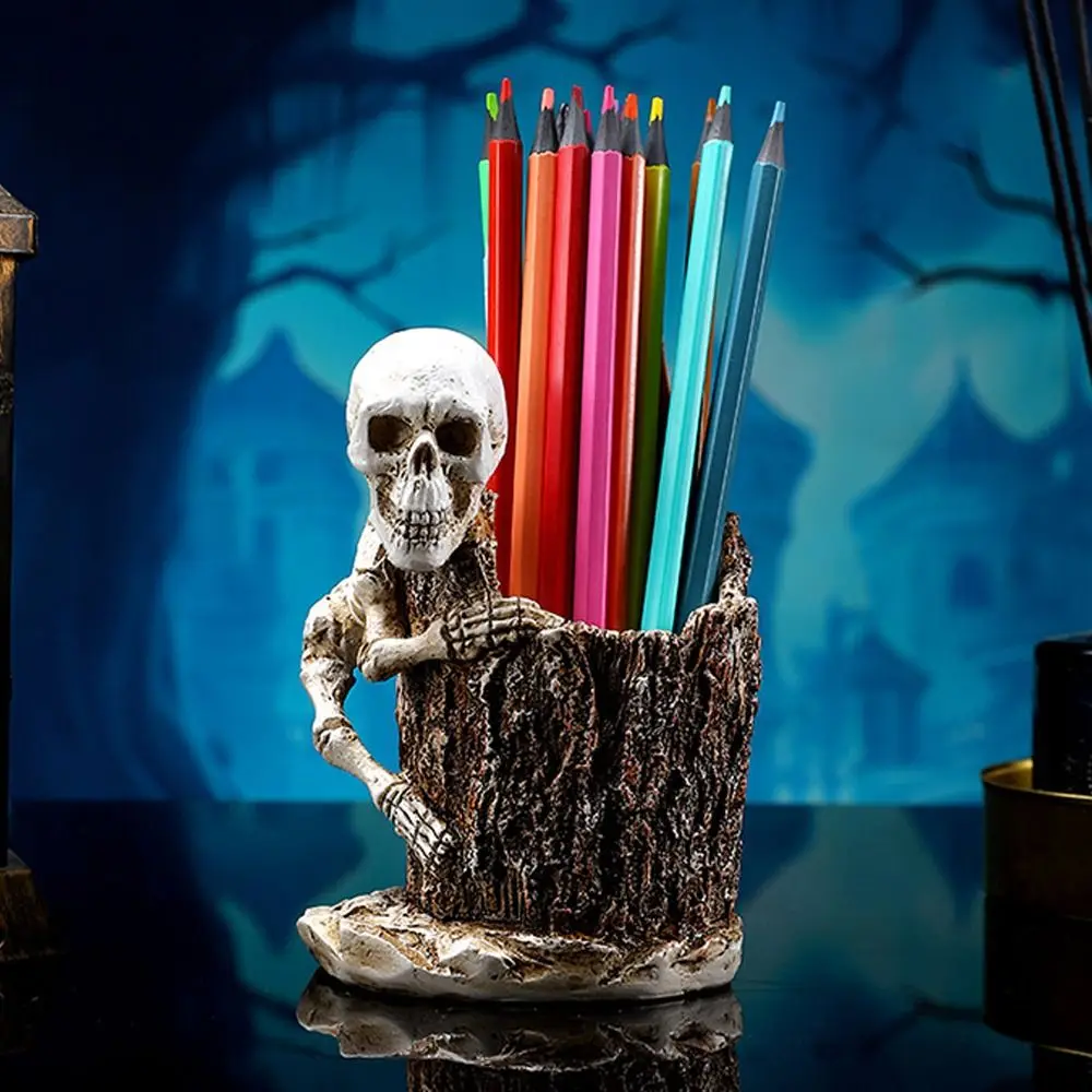 Scary Halloween Skull Pen Holder Resin Crafts Festival Skeleton Statue Ornament Funny Skulls Pencil Storage Bucket