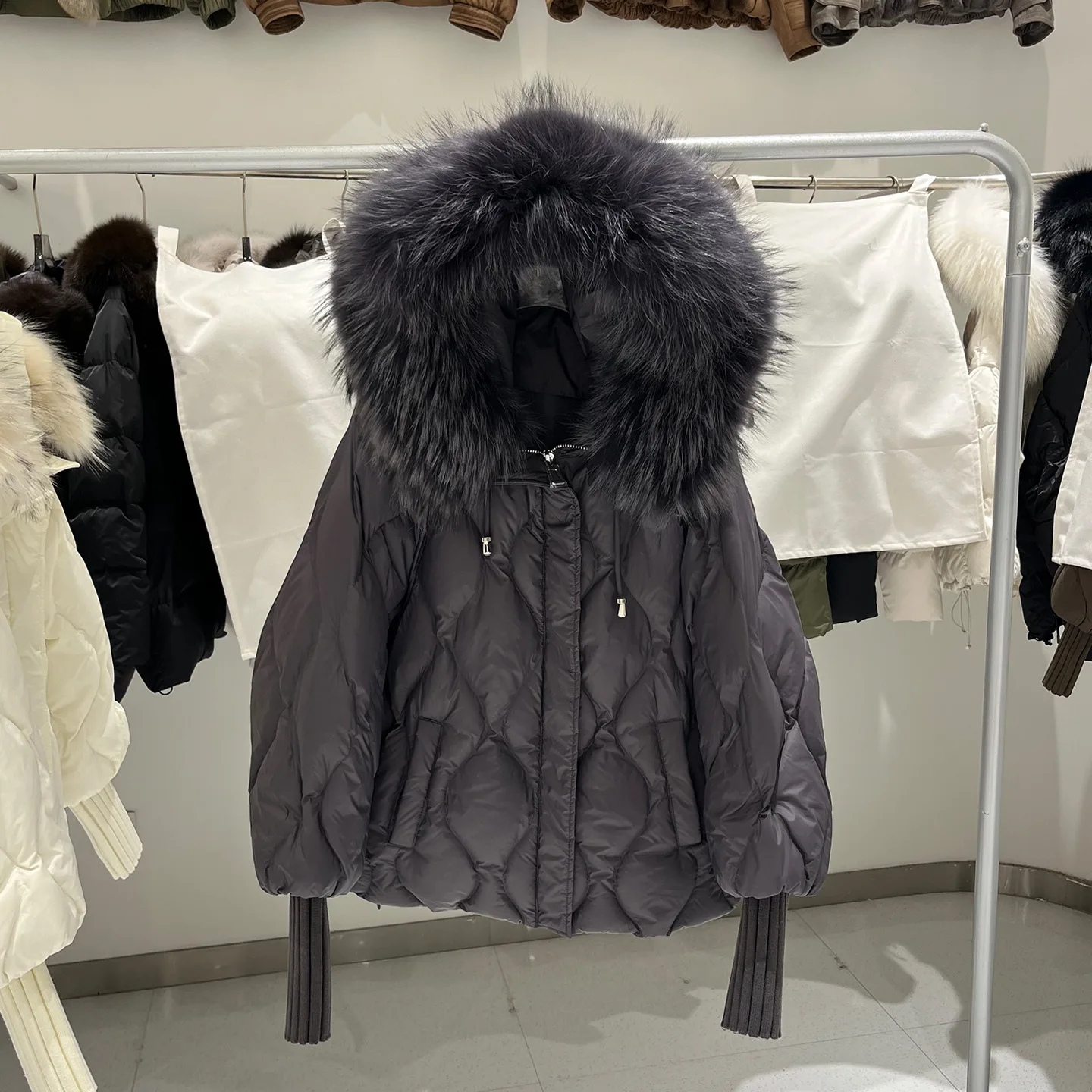 Winter White Duck Down Parker Outwears Women Natural Hooded Large Fur Collar Down Jacket Female Lantern Sleeve Quilted Jacket