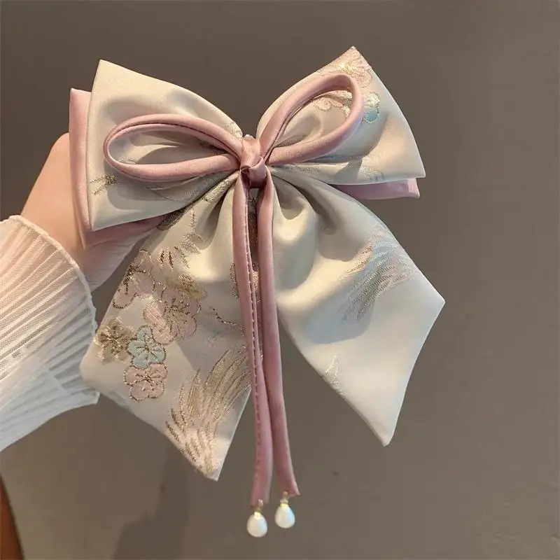 

Chinese Style Floral Bow Spring Clip, Vintage Pink Plum Blossom Embroidered Hair Barrette for Women