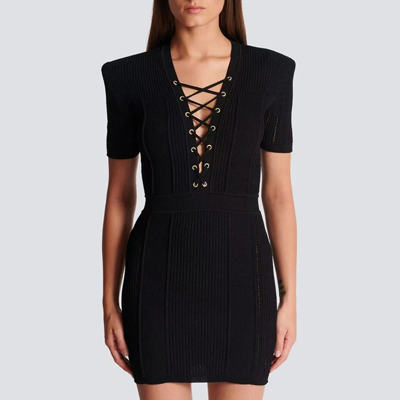 

2024 Spring New V-neck Waist Women's Knit Dresses Tie Short Sleeve Party Dresses High Quality Shoulder Padded Hip Mini y2k