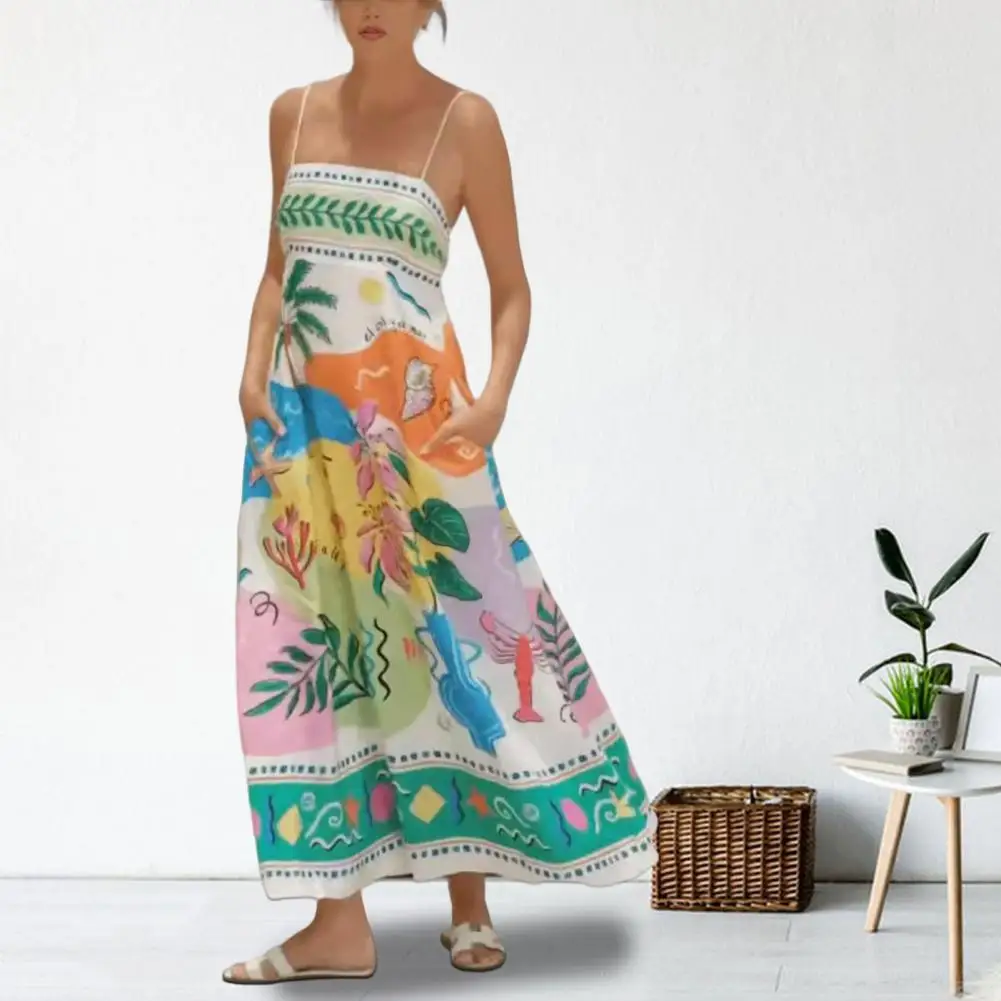 Frauen Sommerkleid Cartoon Print Spaghetti träger Maxi kleid mit Seiten taschen für Sommer Strand urlaub A-Linie Slip Kleid mit großen