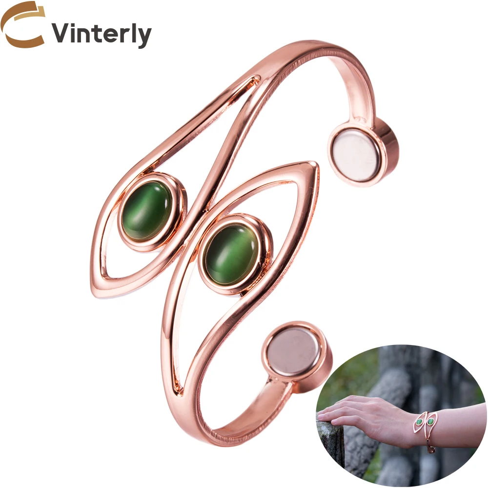 Vinterly Pure Copper Bracelets Female Magnetic Dolphin Green Stone Adjustable High Magnets Cuff Bangles Resizable Jewelry Women