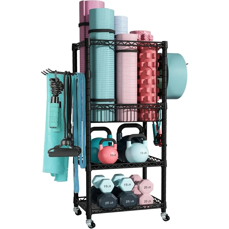 

S1 Home Gym Storage, 3-Tier Workout Equipment Organizer with Wheels for Yoga Mats, Foam Roller, Dumbbells, Kettlebells, and Resi