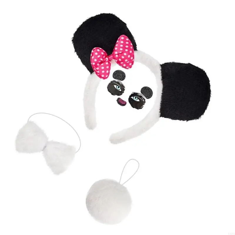 Y88A 팬더 의상 세트 귀 머리띠 테일 보우 티 동물 의상 키트 액세서리 어린이 할로윈 코스프레 파티 소품
