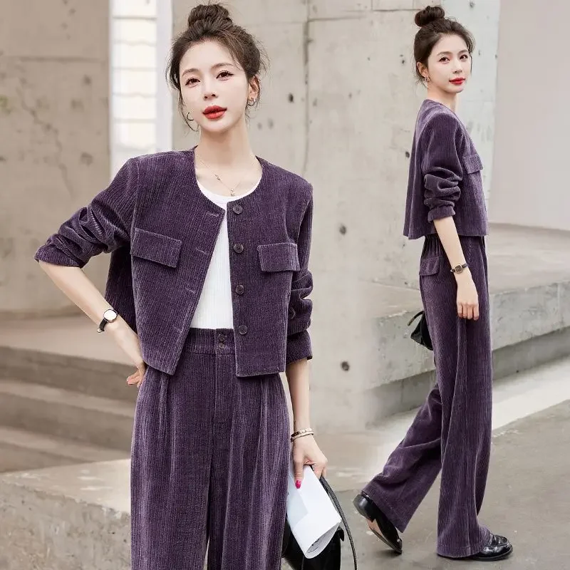 Lnsozkdg Autumn Corduroy Sets Cardigan Coats + Wide Leg Pants 2Pcs Suit Solid Ladies Elegant Outfits Female Fashion Streetwear