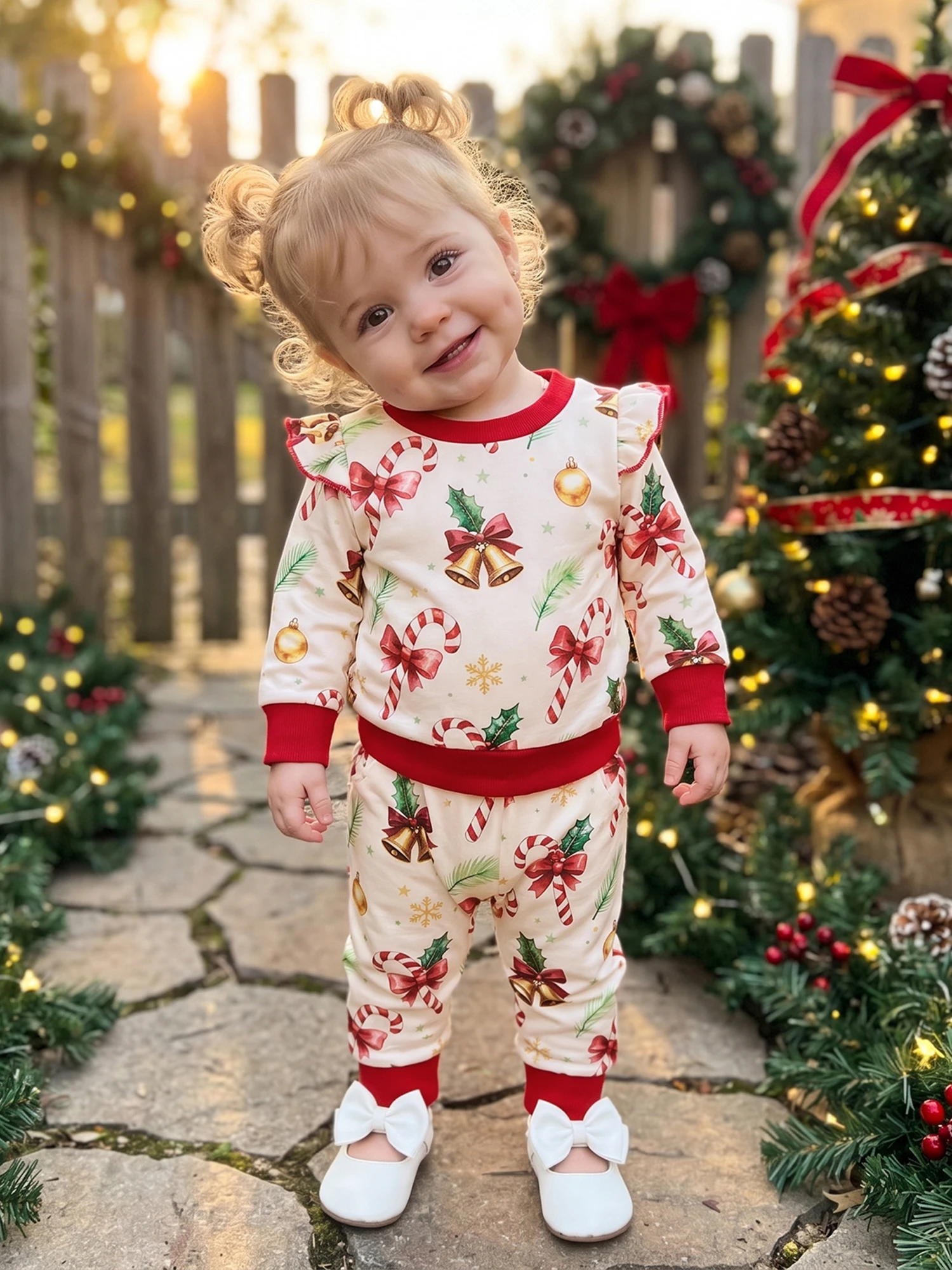 Bell Toddler Girls Christmas Prints Prints Sweatshirt Pants Cane Candy Christmas Outfits Candy Premium