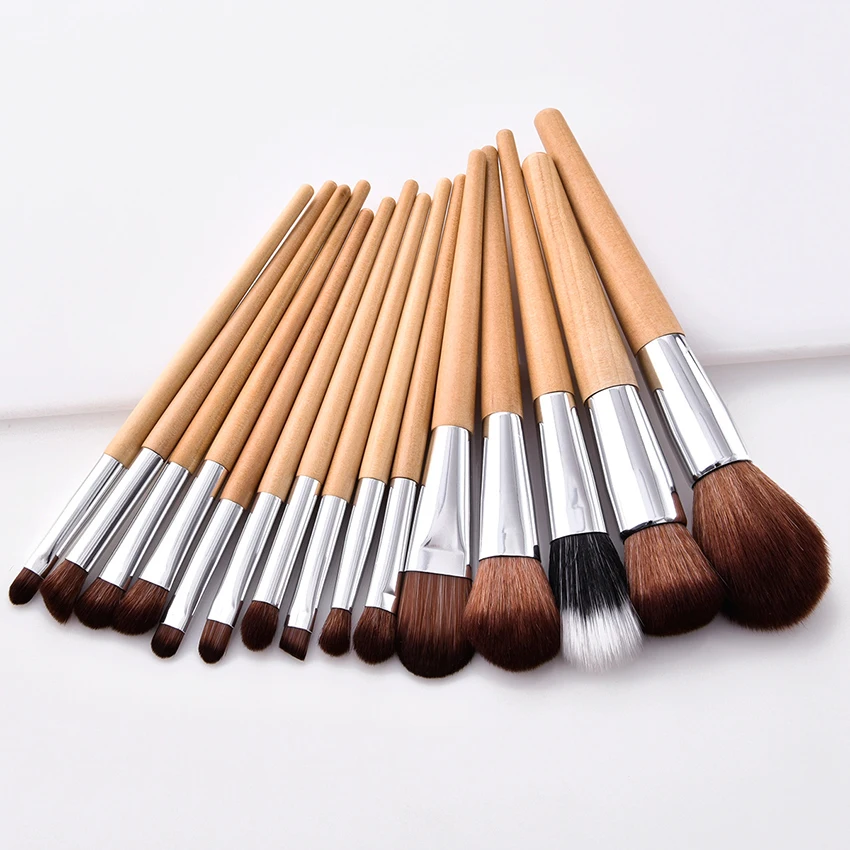 SAIANTTH – ensemble de pinceaux de maquillage en bois naturel, 15 pièces, tube argenté, poudre ample, fard à paupières, mélange oblique, outil cosmétique complet