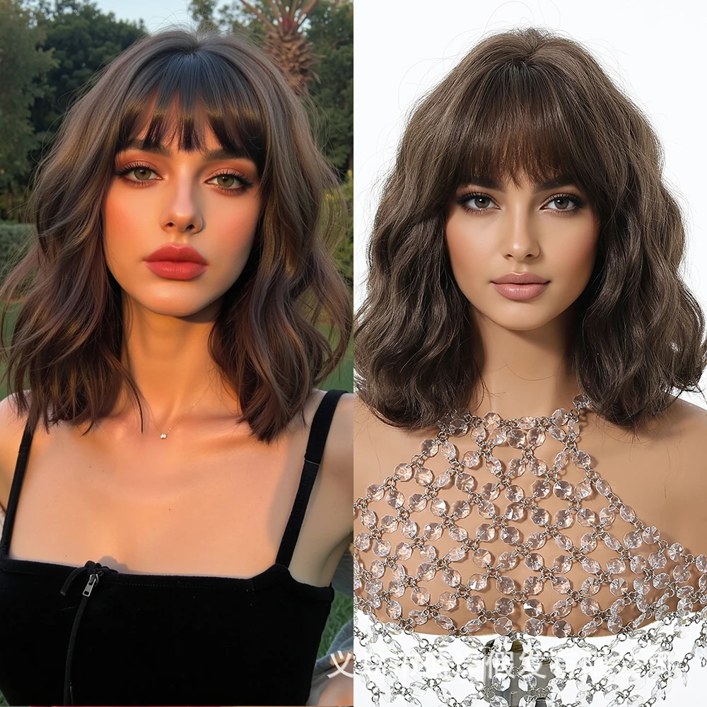 باروكة شعر قصيرة أوروبية وأمريكية، مجموعة رأس كاملة من الذهب الأبيض، مع غرة وشعر مموج، غطاء شعر صناعي، للنساء #3