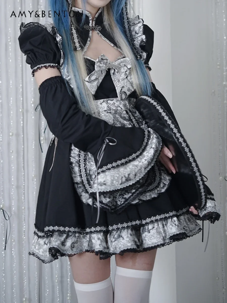 Original Design Silver Dragon Maid Lolita Dress New Chinese Style Goth Hollow Out Chain Puff Sleeve Slim Mini Dress + Apron Set