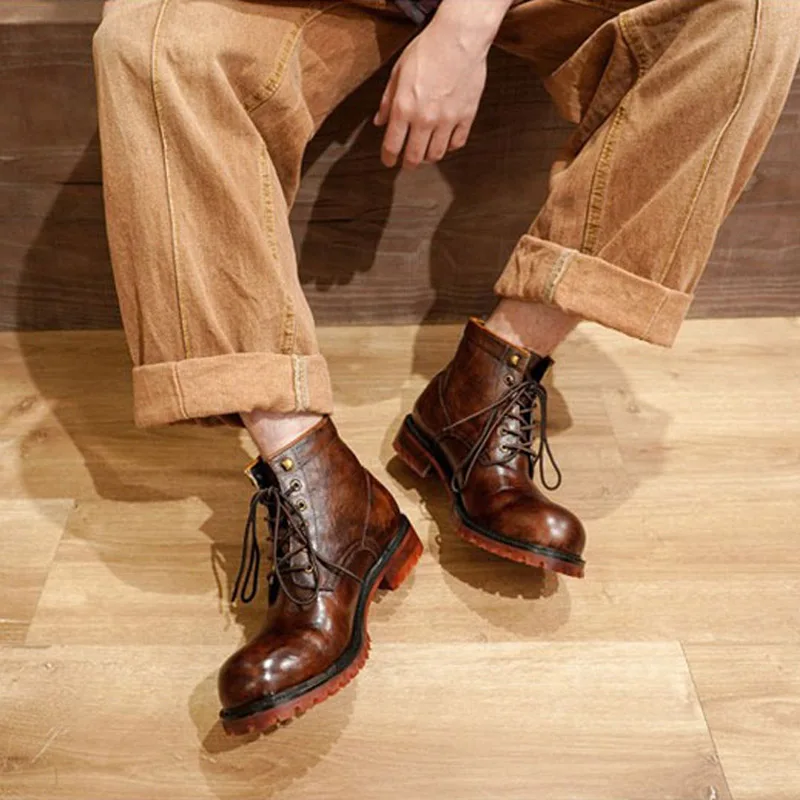 Men's Genuine Leather Motorcycle Boots British Brogue Shoes Retro High-top Round Toe Mid-calf Chelsea Boots Western Riding Boots