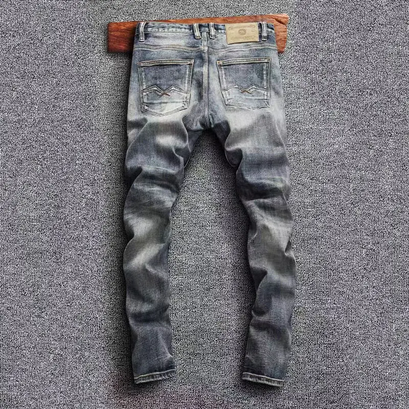 Italian Style Fashion Men Jeans Retro Washed Blue Elastic Stretch Slim Fit Vintage Jeans High Quality Casual Denim Pants Hombre