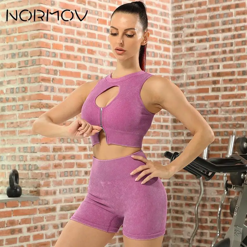 NORMOV Zipper Yoga Sets Seamless 1/2 PCS Sports Suits 2023 Summer Gym Set Women Wash Fitness Set Running Bra High Waist Shorts