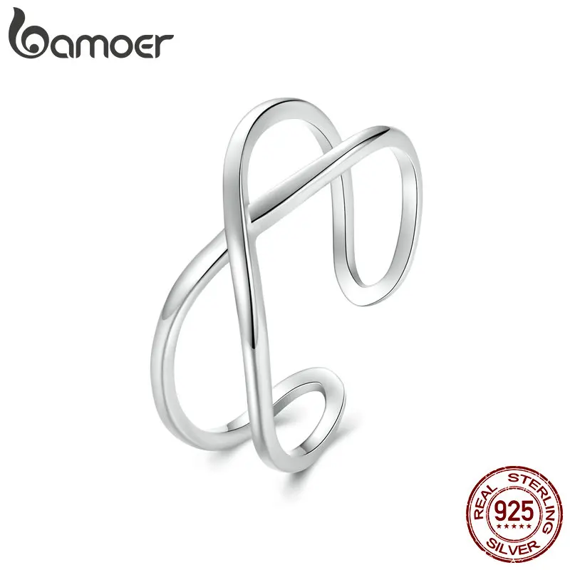 

BAMOER Solid 925 Sterling Silver X Ring Criss Cross Ring, Adjustable Stackable Rings for Women Wife Anniversary Band SCR1064-E