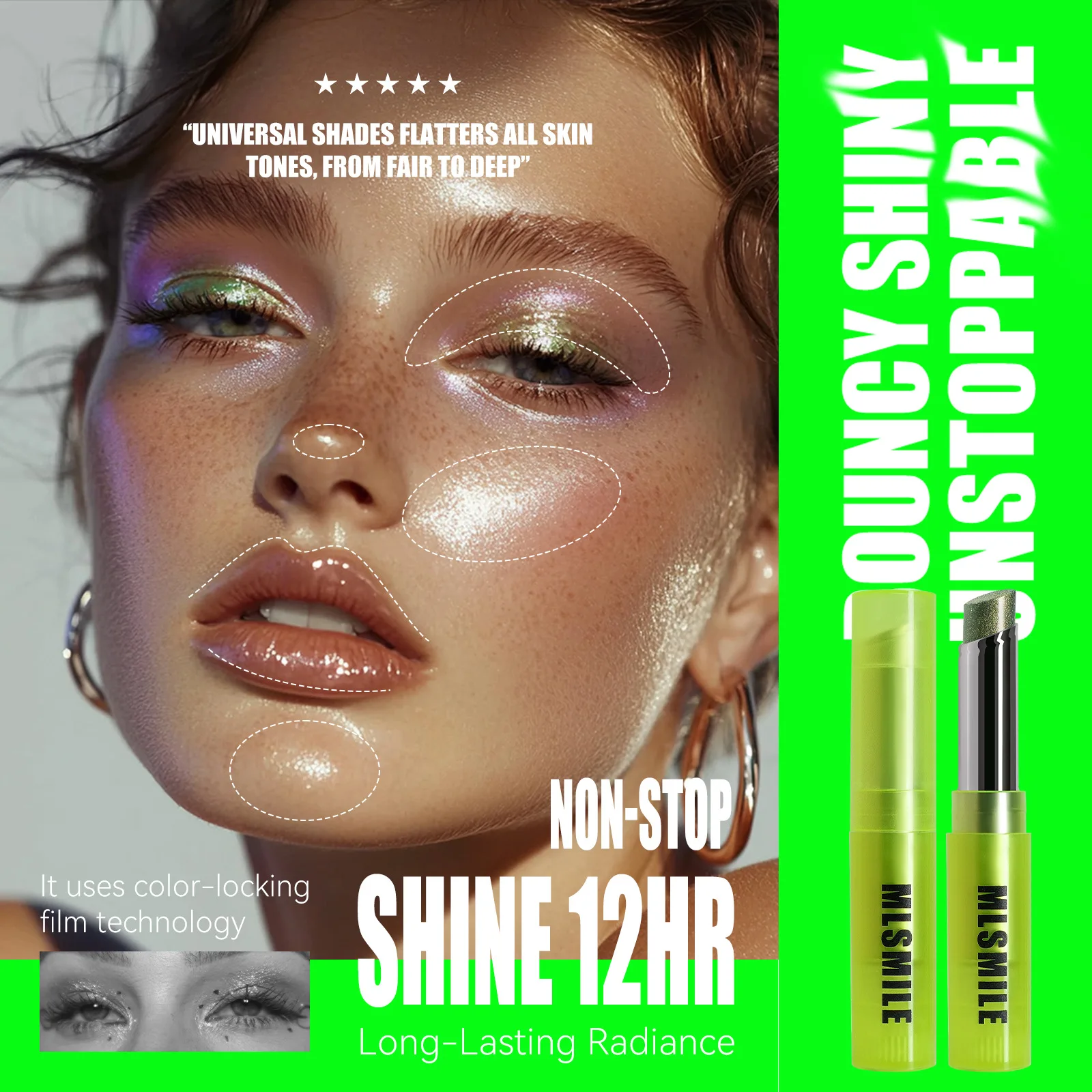 Sombra iluminadora em bastão 2 em 1, brilho de luz de água orvalhado para olhos, bochecha e rosto, maquiagem cremosa e fácil de mistura, bastão de brilho facial