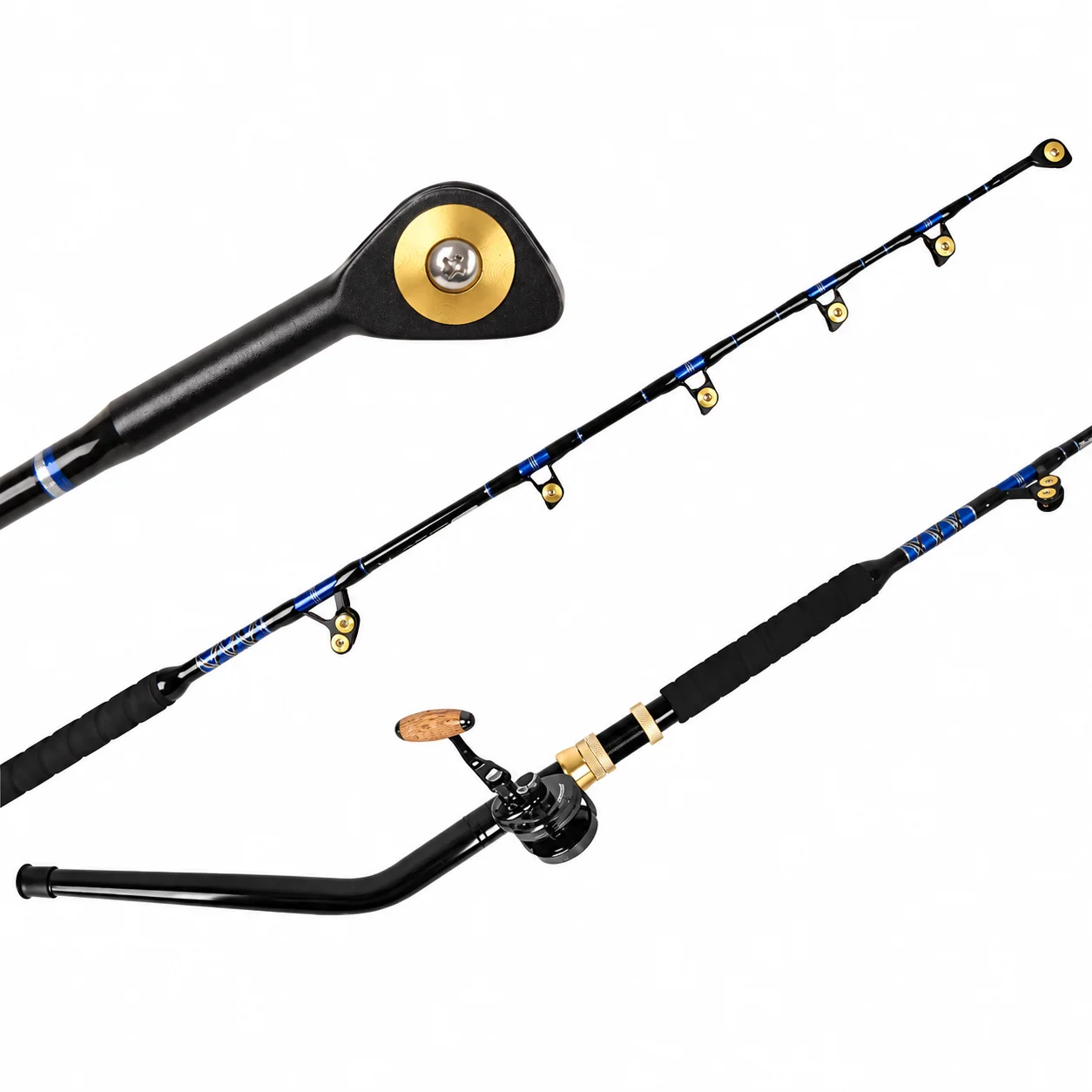 6ft6in 130LB Heavy Duty Trolling Fishing Rod Fiberglass Offshore Saltwater Boat Fishing Roller Guides Straight Bent Butt