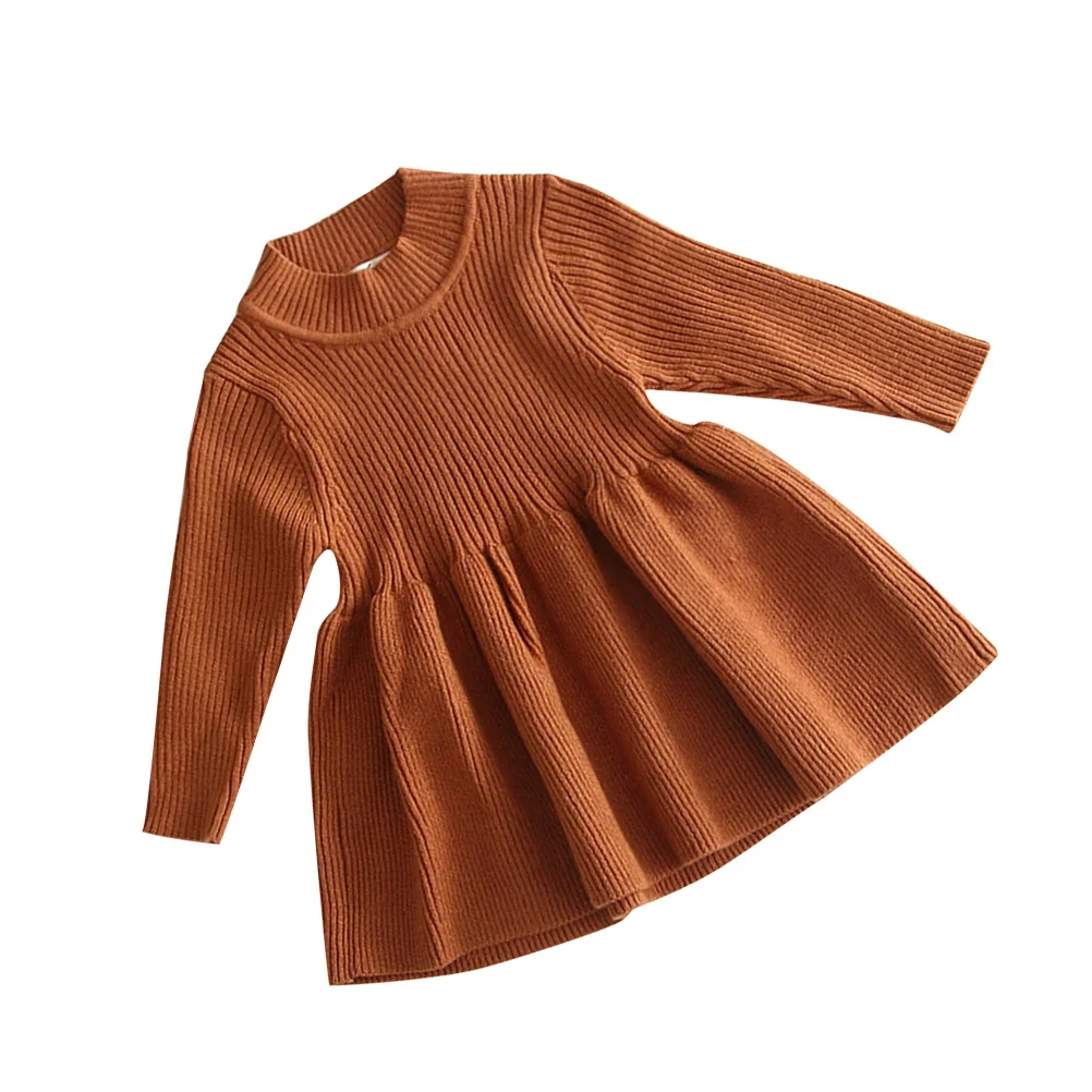 

Girls Knitted Dress Autumn Winter Long Sleeve Brown 73cm Keep Warm Casual Fashion Kids Sweater Dress Soft Comfortable