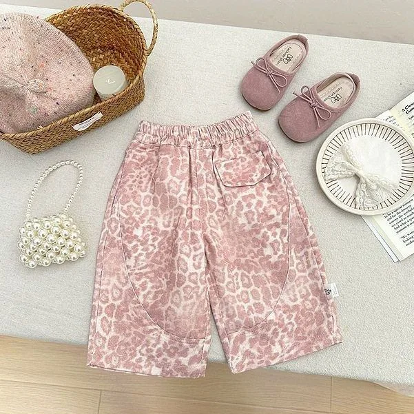 

Spring and Autumn Girls Casual Pants Baby Stylish Children's Fashionable Pink Leopard Straight Leg Wide Leg Pants