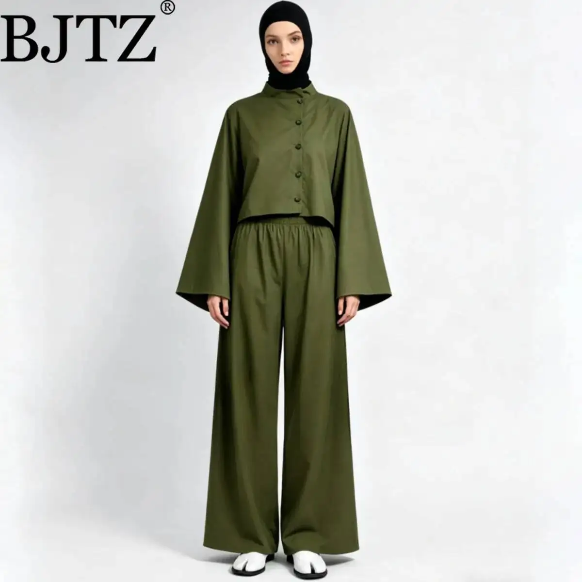 

BJTZ 2026 Spring Summer Women Round Neck Two Piece Set Button Front Blouse Elastic Waist Wide Leg Pants Elegant Casual Outfit