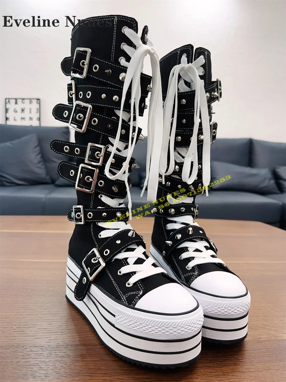 Platform Rivet Cross Tied Canvas Punk Boots Round Toe Thick Sole Height Increasing Buckle Strap Knee-High Boots Subculture Style