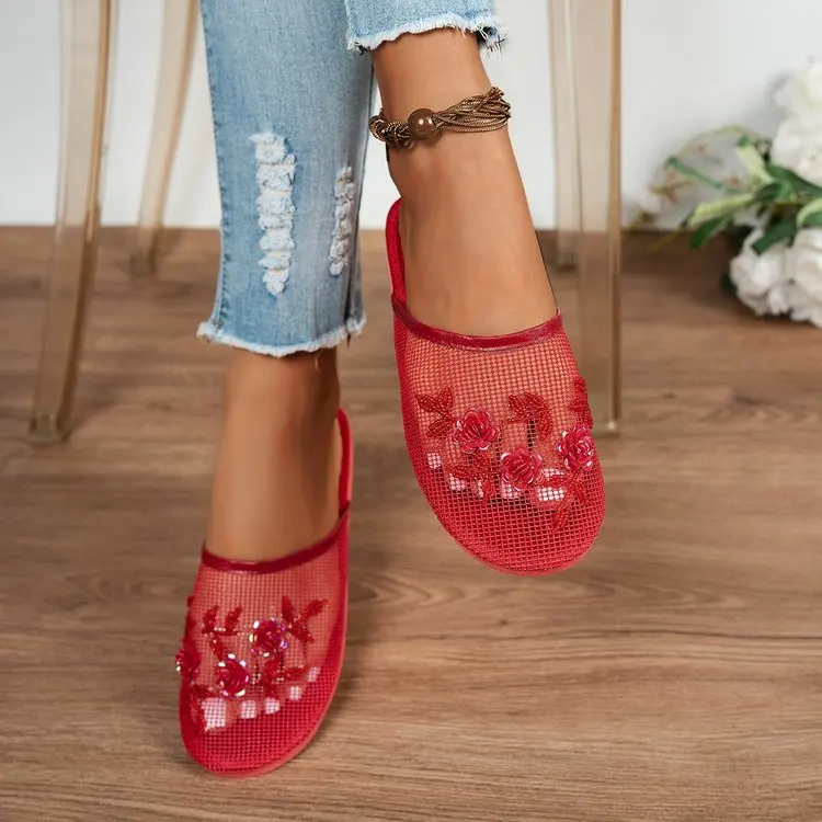 Women's Summer Embroidered Sequin Flower Decorated Slippers 2026 New Soft Bottom Comfortable Mesh Breathable Toe-cap Slippers