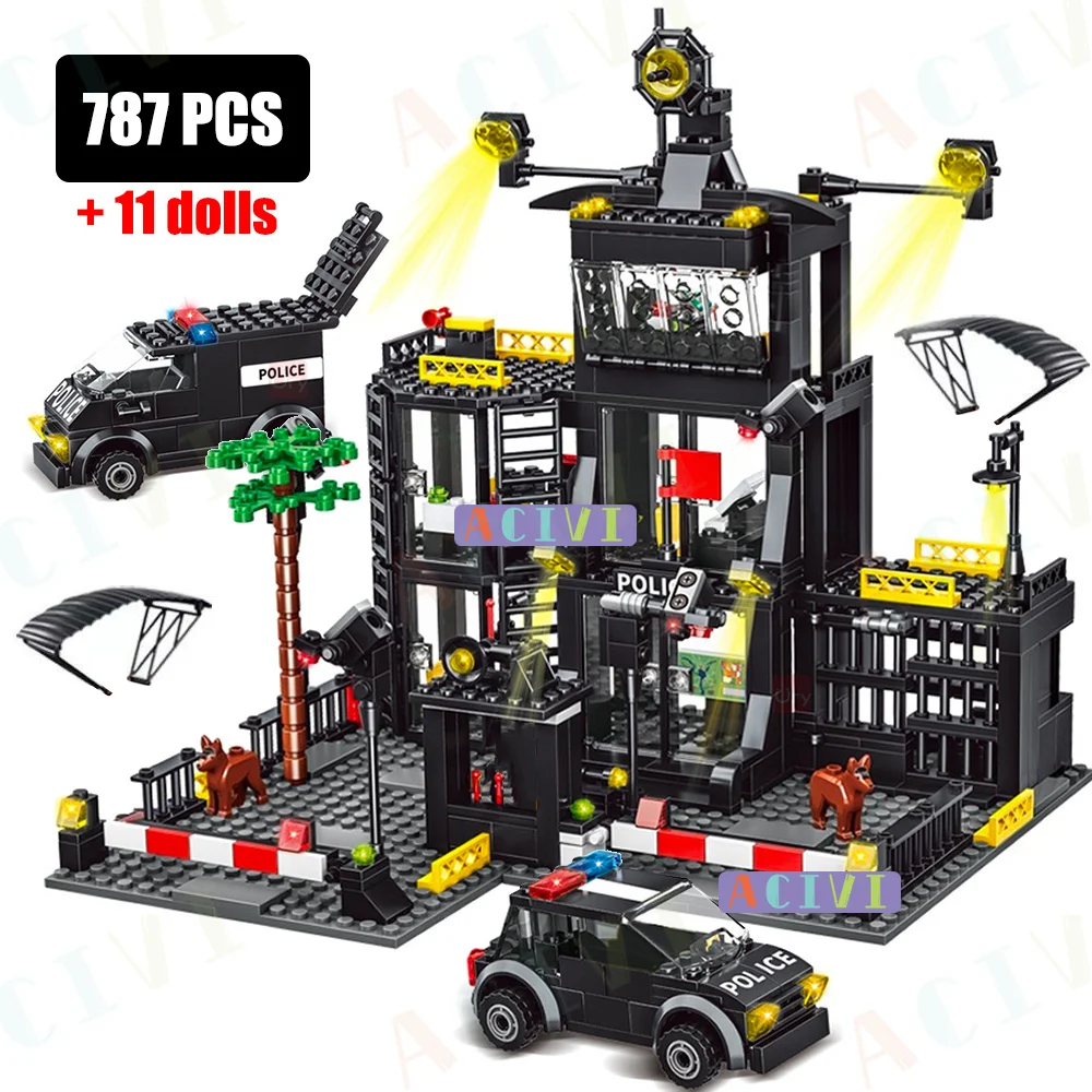 ACIVI SWAT Police Station Military City Model Set Prison Car Policeman Boat Figures Building Blocks DIY Toy for Kids Boys Gift