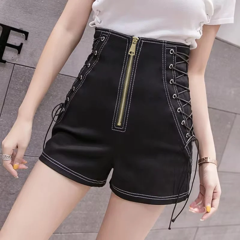 Women Punk Style Fashion Zipper Lace Up Denim Shorts Ladies Streetwear Black White High Waist Slim Fit Summer Jeans Short Female