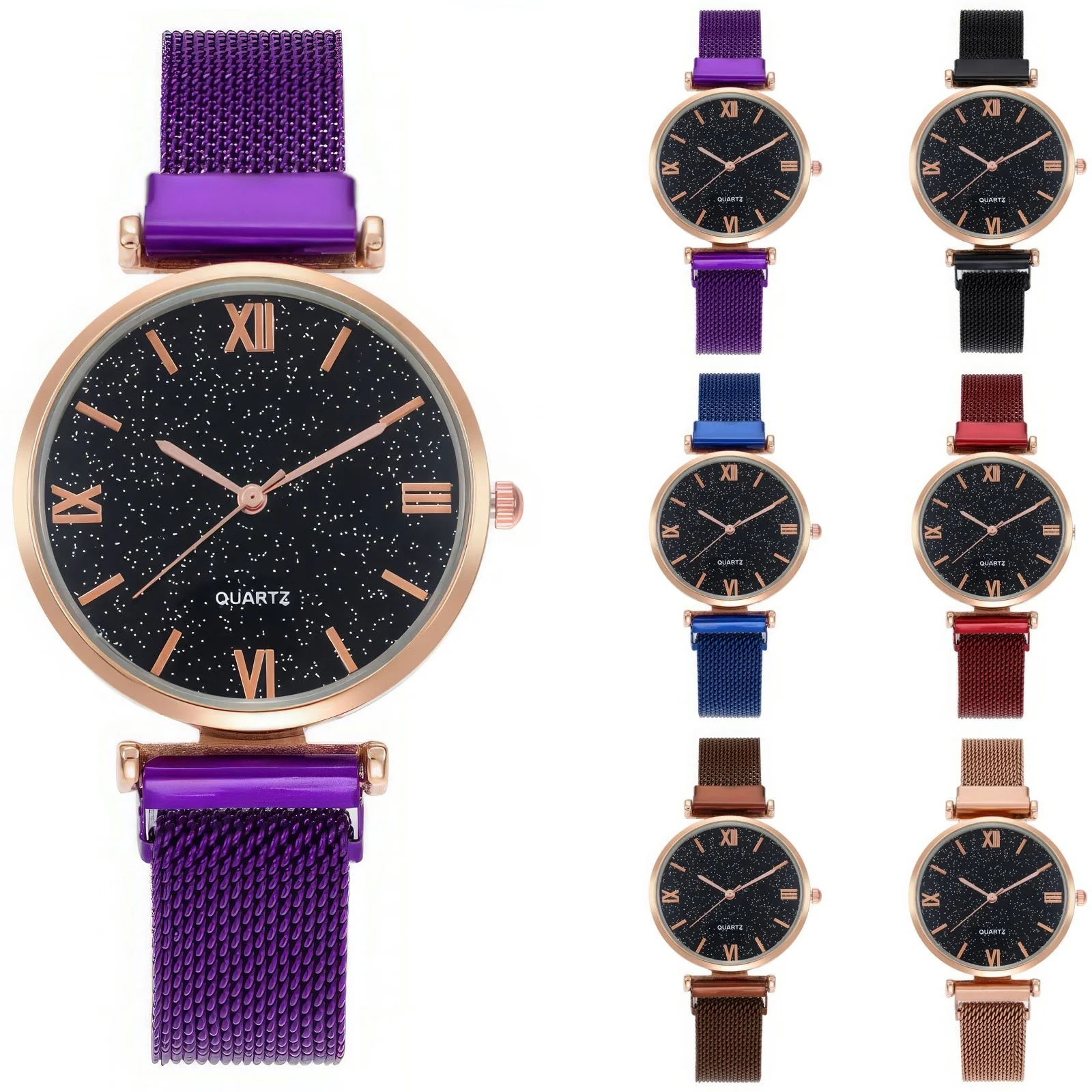 Women Light Luxury Fashion Watch Classic Starlit Sky Pattern Dial Mechanical Quartz Watch Lady Elegant Temperament Clock Decor