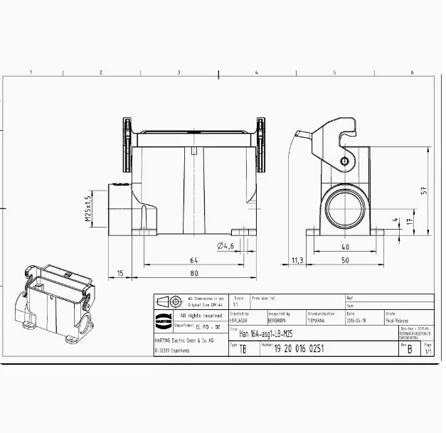 1pcs 19200160251 HAN 16A-ASG1-LB-M25 Harting connector