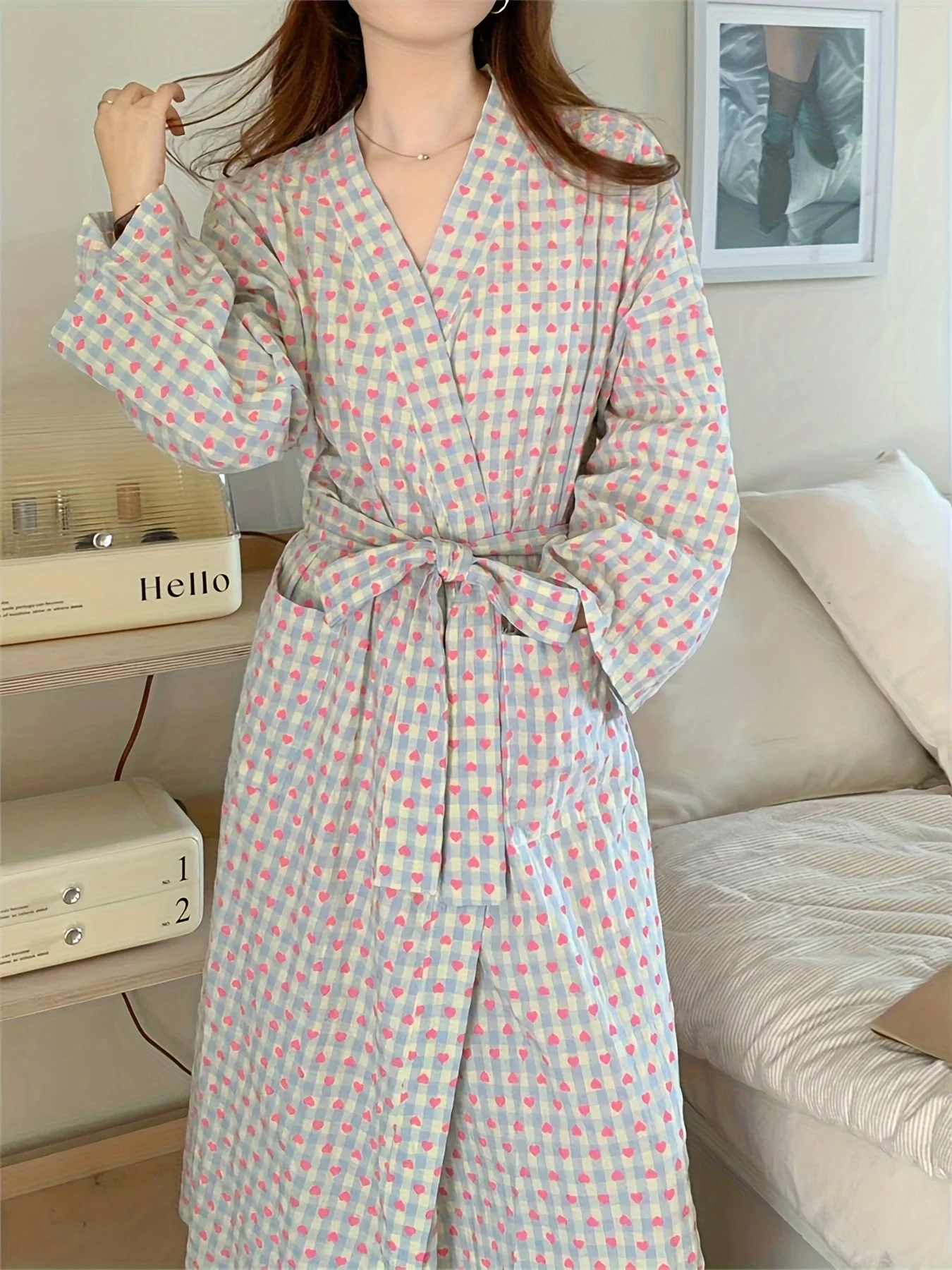 Korean Robe Women Kimonos Cute Heart Bathrobes Long Pajamas Lady Kimono Bathrobe Gown Nightgown Home Clothes Soft Home Clothing