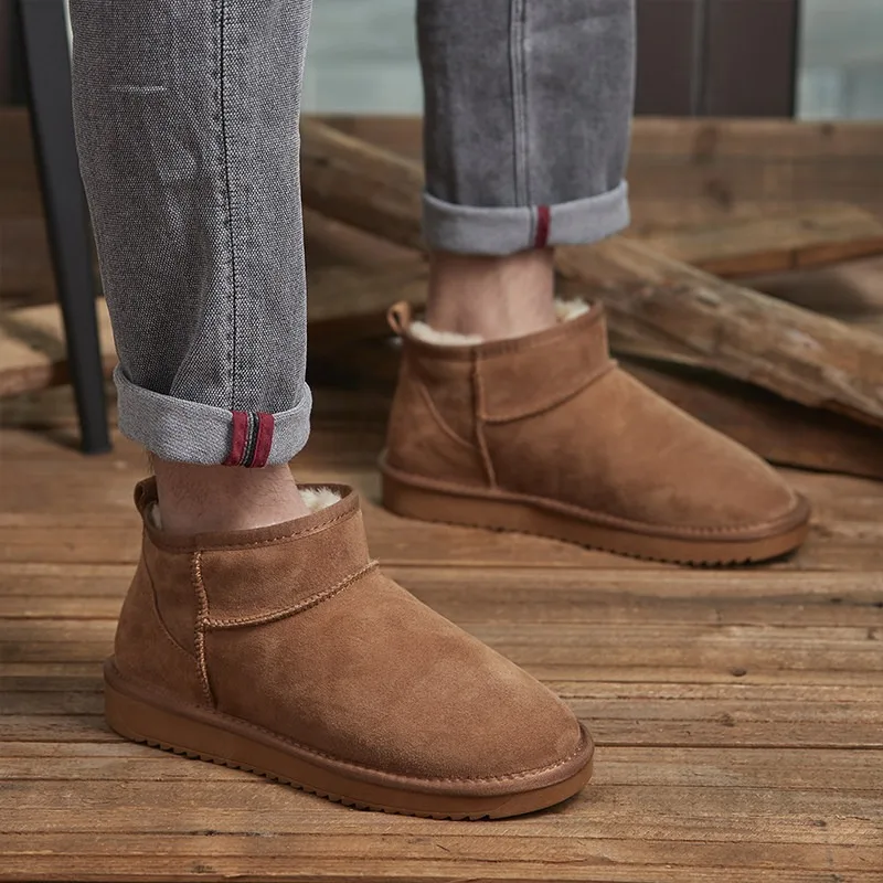 Men Snow Boots Genuine Sheepskin Leather Winter Boots 100% Natural Fur Non-slip Rubber Soles Fashion Ankle Shoes Plus Size 45