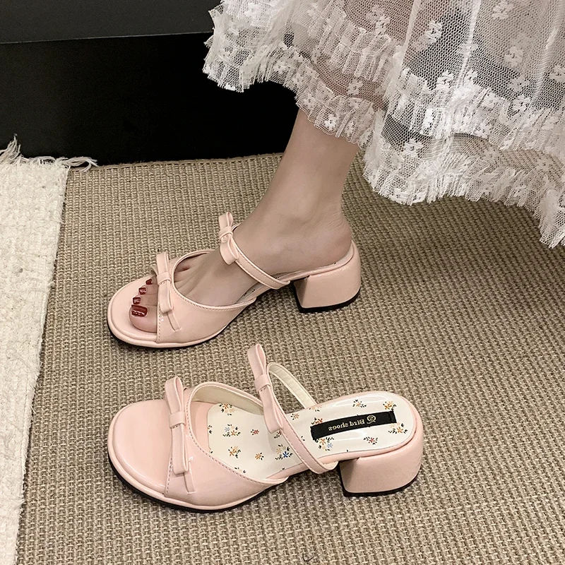 

Designer Summer Butterfly-knot Thick Heel Women Slippers Elegant Open Toe Dress Slides Ladies Concise Dancing Party Prom Shoes