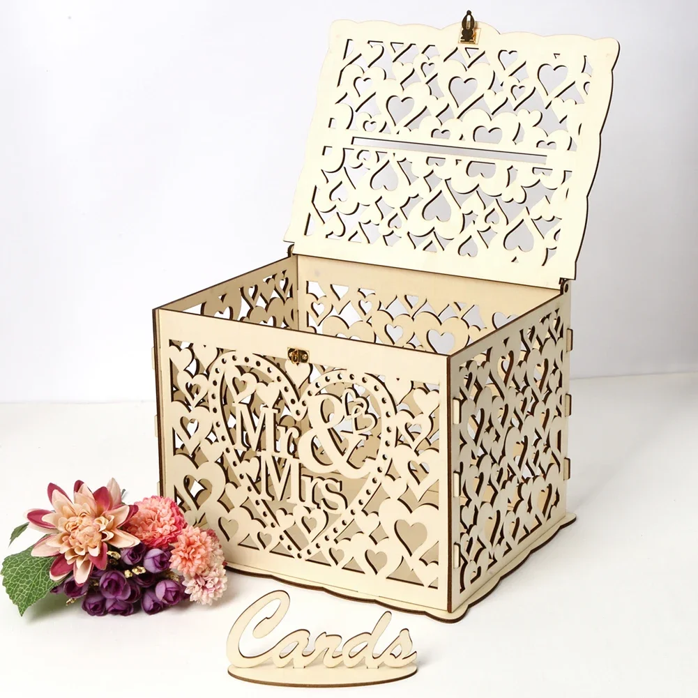 Wooden Wedding Card Box Wedding Decoration Supplies DIY Mr&Mrs Couple Flower Pattern Envelope Sign Cards Wood Box