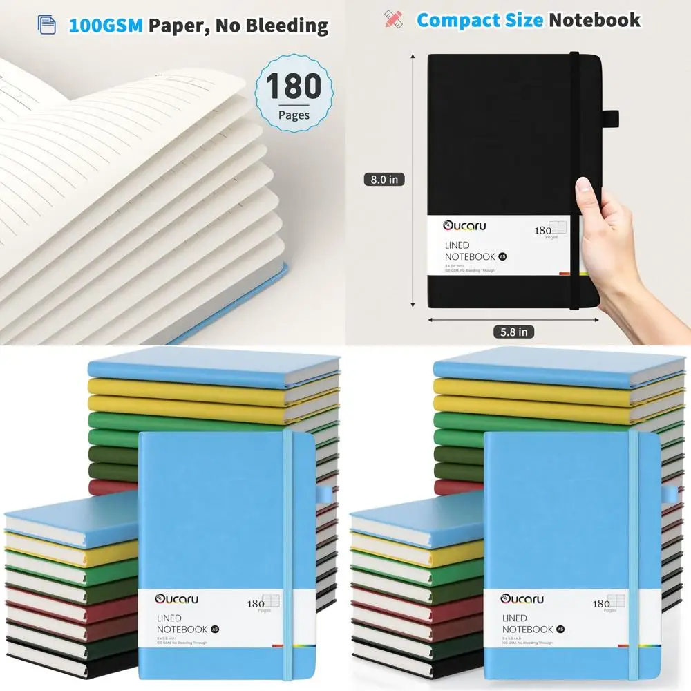 

Набор блокнотов формата А5 на 24 г. каждый по 180 страниц, высококачественная бумага 100 GSM, идеально подходит для ежедневного письма, работы, школы и путешествий.