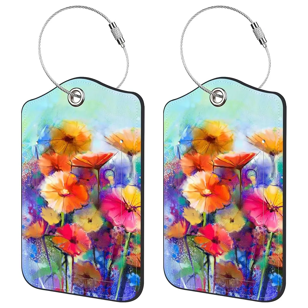 

2 Pack Luggage Tags for Suitcase,Watercolor Painting PU Leather Idea Baggage Tag with Name Labels Privacy Cover Metal Ring Me