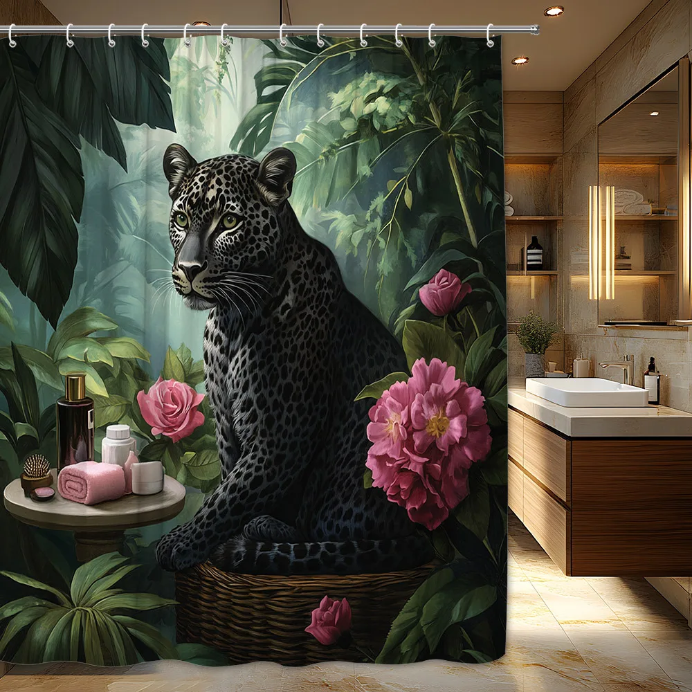 

1pc Majestic Black Leopard in Wicker Basket Shower Curtain - Tropical Plants & Pink Flowers Design, Polyester Fabric Bathroom