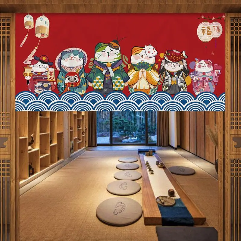 VIKAMA Japanese Lucky Cat Noren Curtain Maneki Neko Coin Print Door Curtain Tea Room Decor Traditional Japanese Style Aesthetic