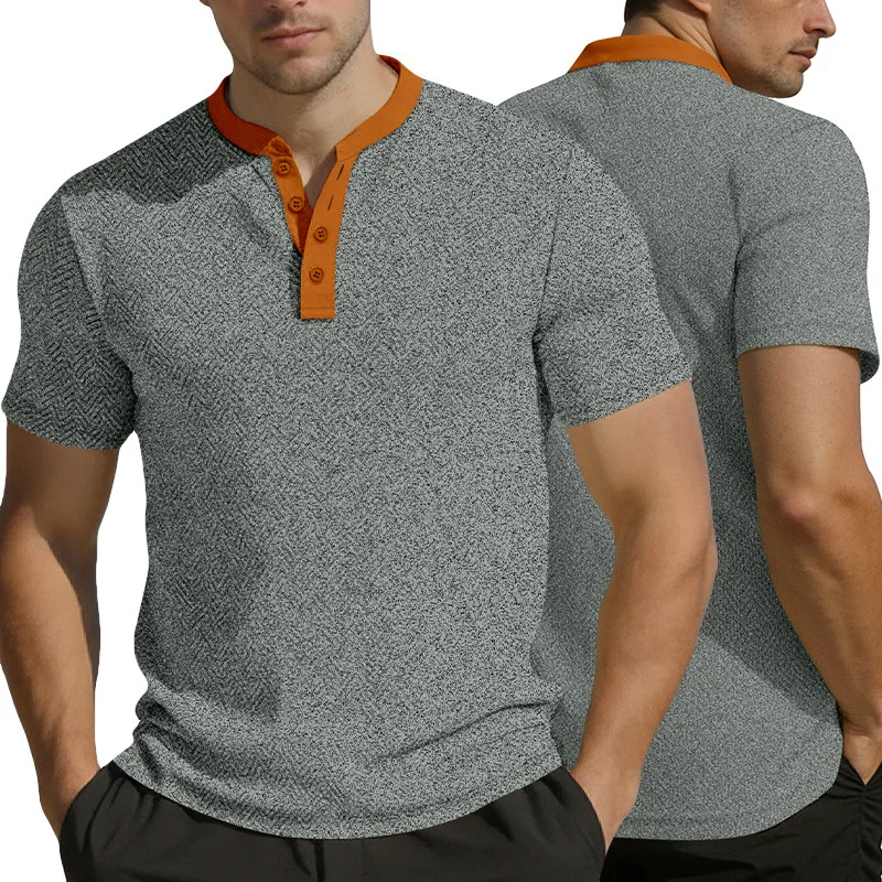 Summer Short-sleeved Stand-up Collar Towel Jacquard Cloth Half-breasted Casual Loose Breathable Men's T-shirt Cw12501