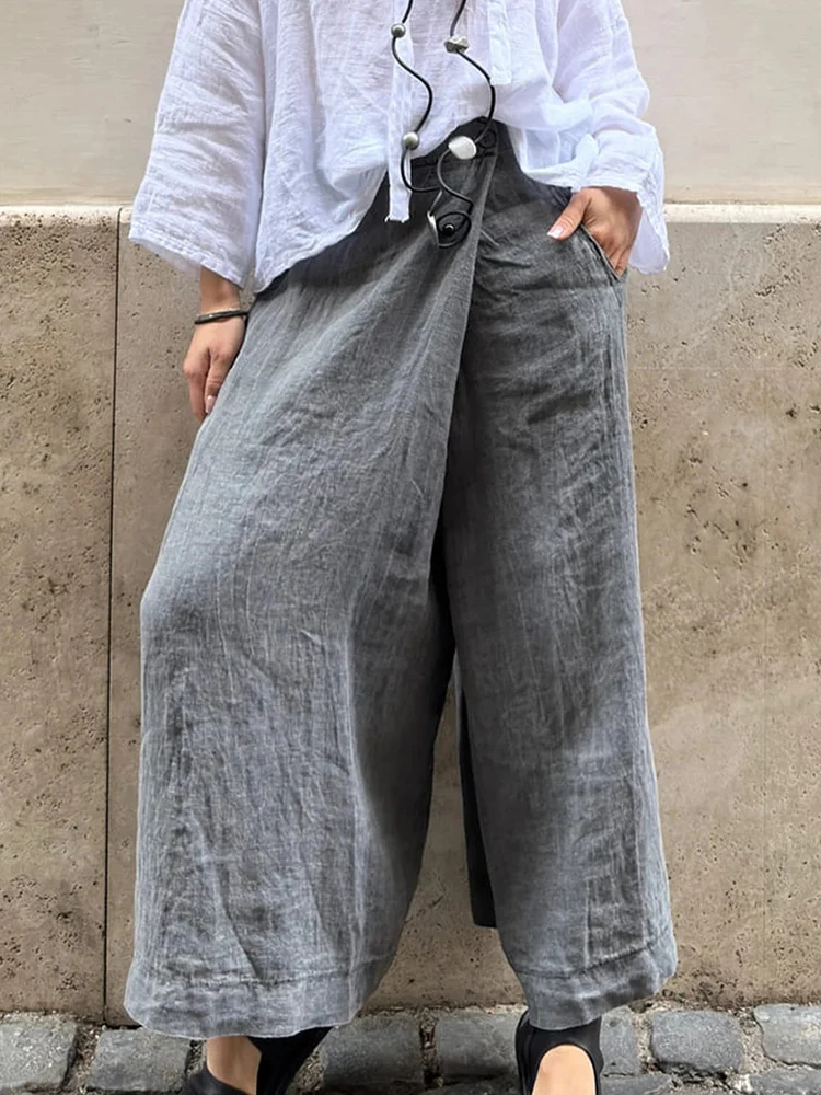 بنطلون مرقع بجيب غير رسمي للربيع والصيف، سروال نسائي بسيط بخصر عالي المرونة وواسع الساق، سروال نسائي أنيق فضفاض جديد لعام 2025